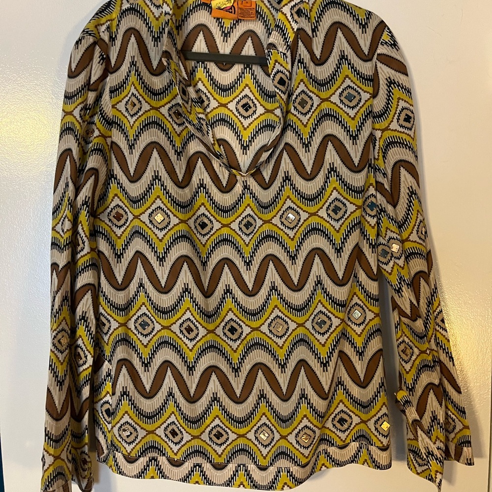 Tori Burch top with mirrored accents, brown and yellow, size 12